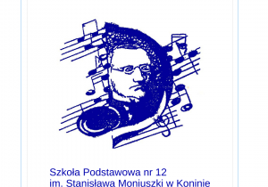 Niebieskie logo Szkoły Podstawowej nr 12 w Koninie - Stanisław Moniuszko na tle nut.